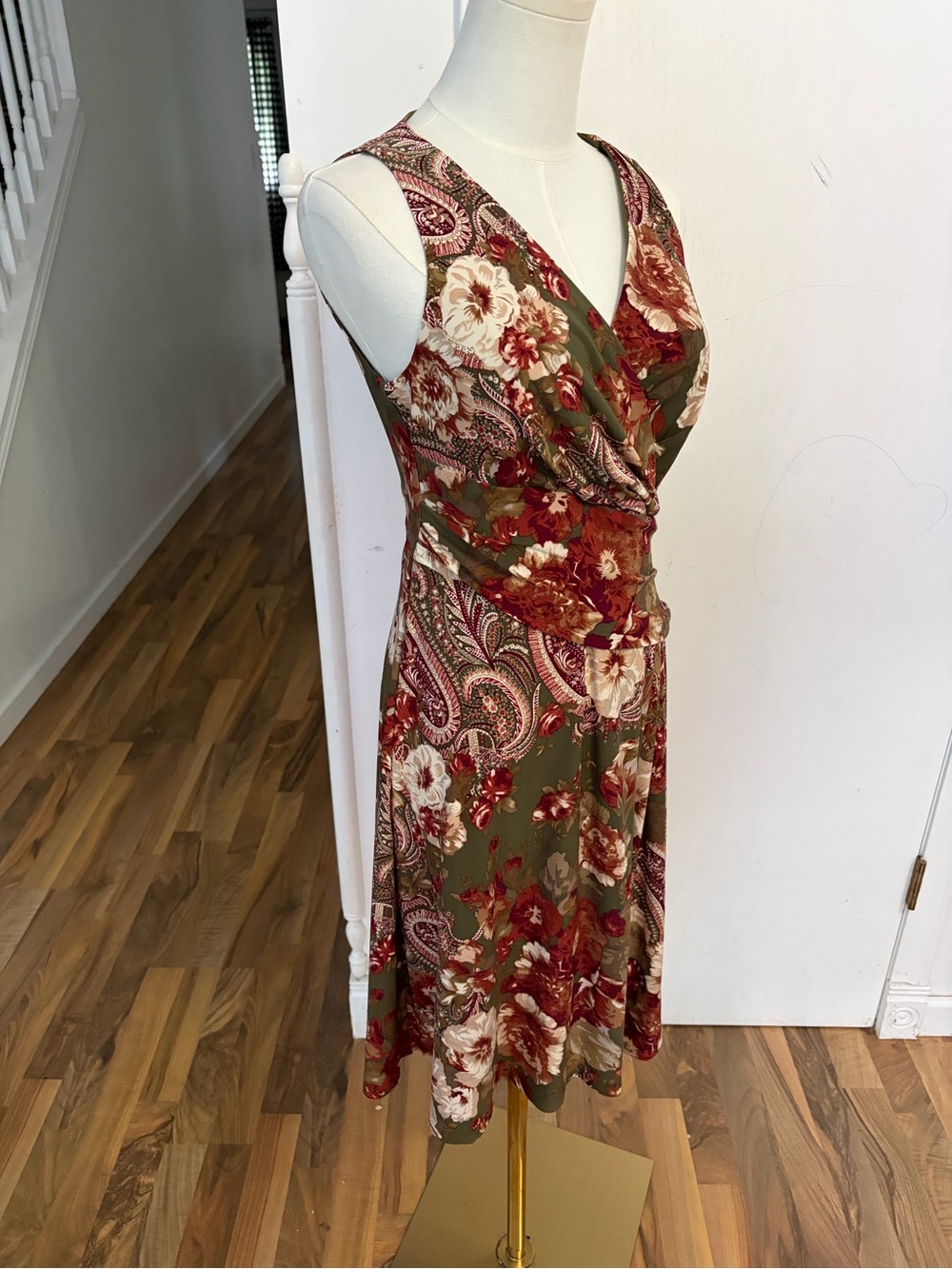 Ralph Lauren Black Label Olive Floral & Burgundy Paisley Midi Dress, 4, Like New